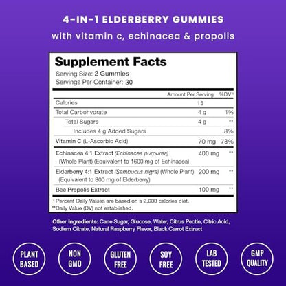 NutraChamps Holunderbeeren Gummibärchen mit Vitamin C, Propolis & Echinacea – Immunsystem Unterstützung für Erwachsene & Kinder – Max Stärke 200mg Sambucus Antioxidans, 60 Stück