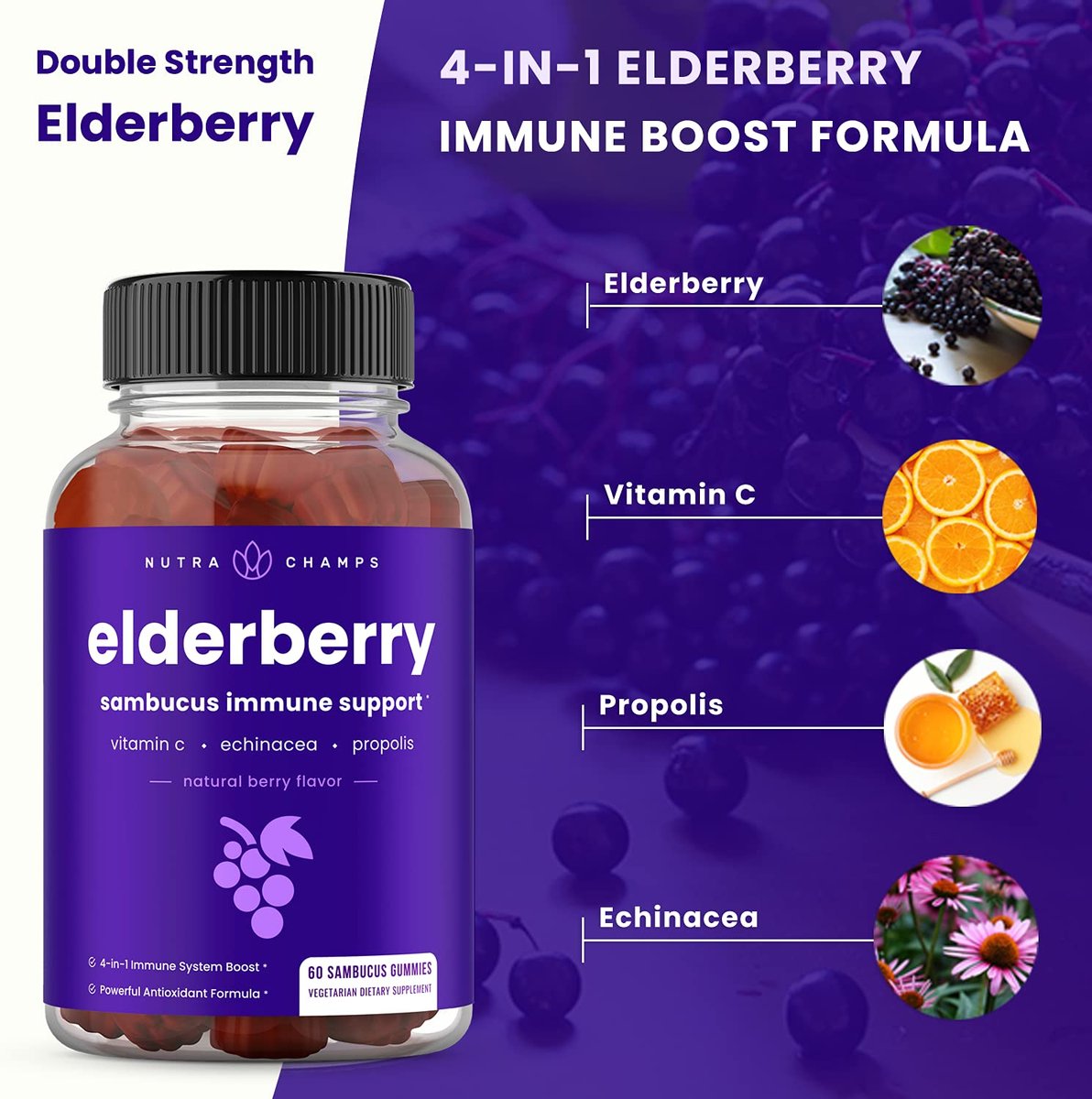 NutraChamps Holunderbeeren Gummibärchen mit Vitamin C, Propolis & Echinacea – Immunsystem Unterstützung für Erwachsene & Kinder – Max Stärke 200mg Sambucus Antioxidans, 60 Stück