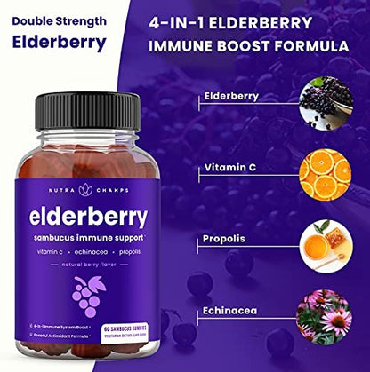 NutraChamps Holunderbeeren Gummibärchen mit Vitamin C, Propolis & Echinacea – Immunsystem Unterstützung für Erwachsene & Kinder – Max Stärke 200mg Sambucus Antioxidans, 60 Stück
