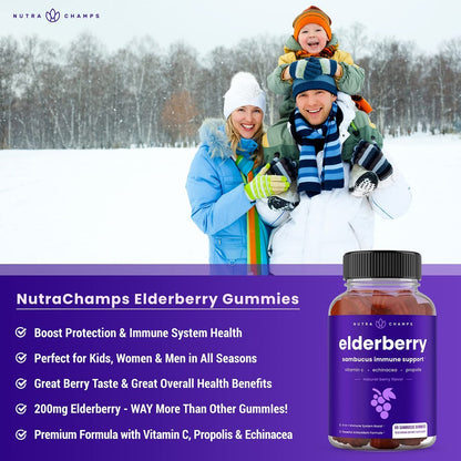 NutraChamps Holunderbeeren Gummibärchen mit Vitamin C, Propolis & Echinacea – Immunsystem Unterstützung für Erwachsene & Kinder – Max Stärke 200mg Sambucus Antioxidans, 60 Stück
