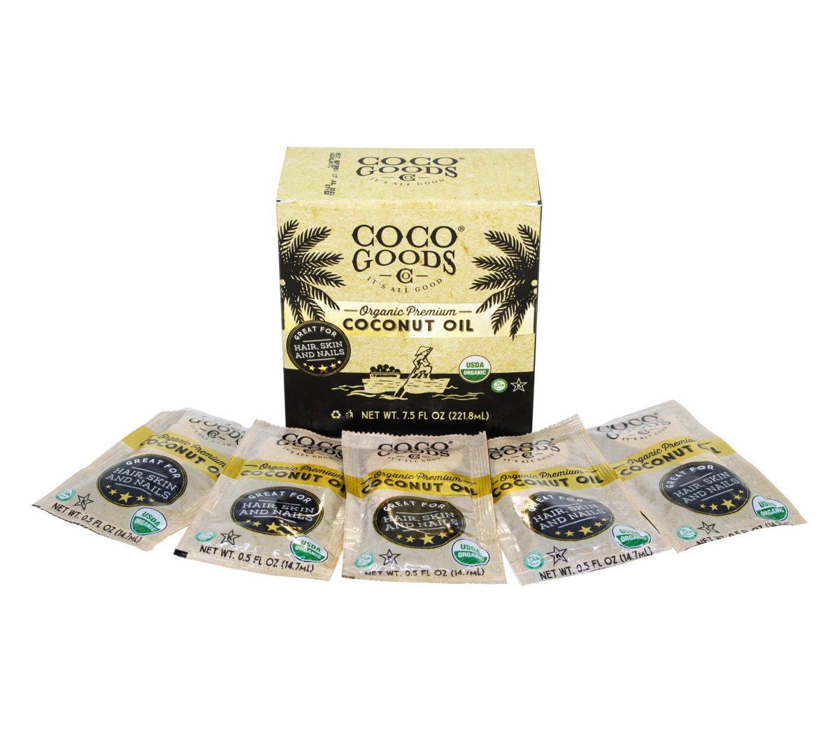 Coco Goods Co. Bio Premium Kokosöl, kaltgepresst aus kontrolliert biologischem Anbau – Ideal für Haar- und Nagelpflege, Hautfeuchtigkeitspflege 7,5 fl. oz (Reise-/Praktische Packung, 0,5 fl. oz x 15 Stück)