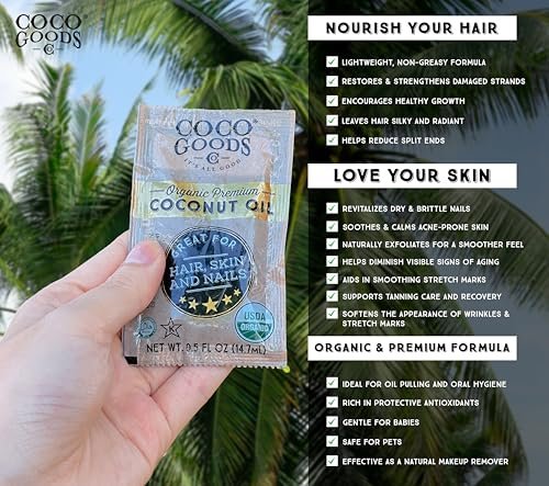 Coco Goods Co. Bio Premium Kokosöl, kaltgepresst aus kontrolliert biologischem Anbau – Ideal für Haar- und Nagelpflege, Hautfeuchtigkeitspflege 7,5 fl. oz (Reise-/Praktische Packung, 0,5 fl. oz x 15 Stück)