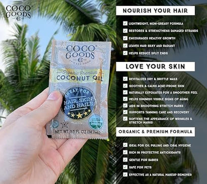 Coco Goods Co. Bio Premium Kokosöl, kaltgepresst aus kontrolliert biologischem Anbau – Ideal für Haar- und Nagelpflege, Hautfeuchtigkeitspflege 7,5 fl. oz (Reise-/Praktische Packung, 0,5 fl. oz x 15 Stück)