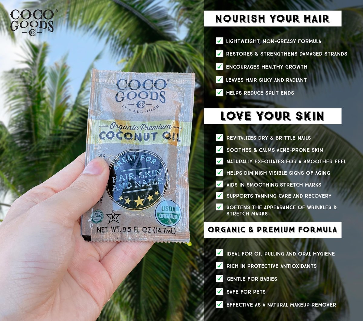 Coco Goods Co. Bio Premium Kokosöl, kaltgepresst aus kontrolliert biologischem Anbau – Ideal für Haar- und Nagelpflege, Hautfeuchtigkeitspflege 7,5 fl. oz (Reise-/Praktische Packung, 0,5 fl. oz x 15 Stück)