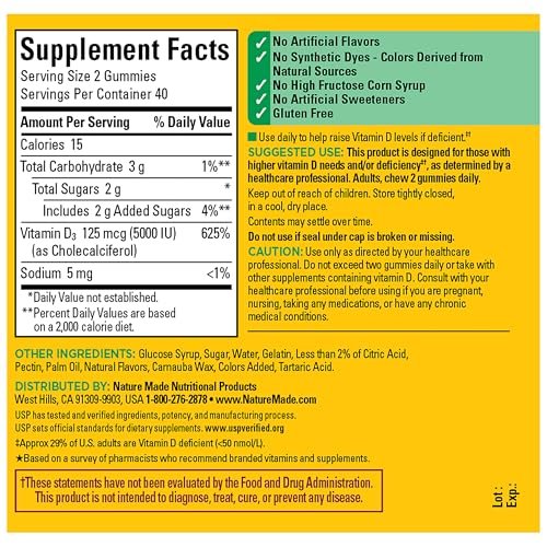 Nature Made Vitamin D3 5000 IE Extra Stärke Gummibärchen für Erwachsene – Knochen- und Immununterstützung, 80 Stück, 40 Tage Vorrat