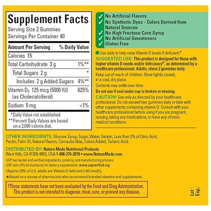 Nature Made Vitamin D3 5000 IE Extra Stärke Gummibärchen für Erwachsene – Knochen- und Immununterstützung, 80 Stück, 40 Tage Vorrat