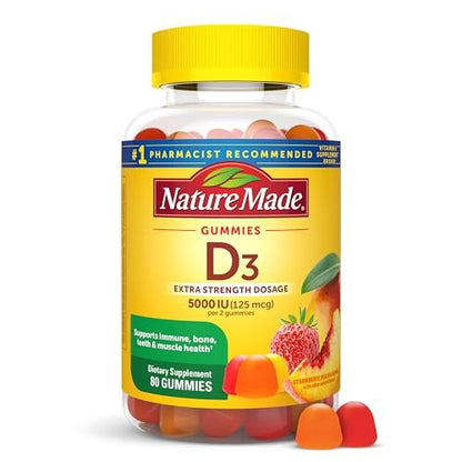 Nature Made Vitamin D3 5000 IE Extra Stärke Gummibärchen für Erwachsene – Knochen- und Immununterstützung, 80 Stück, 40 Tage Vorrat
