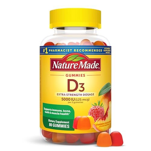 Nature Made Vitamin D3 5000 IE Extra Stärke Gummibärchen für Erwachsene – Knochen- und Immununterstützung, 80 Stück, 40 Tage Vorrat