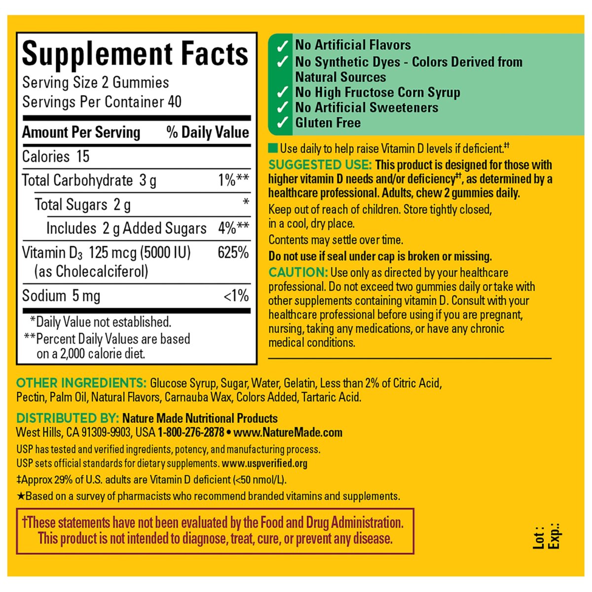Nature Made Vitamin D3 5000 IE Extra Stärke Gummibärchen für Erwachsene – Knochen- und Immununterstützung, 80 Stück, 40 Tage Vorrat