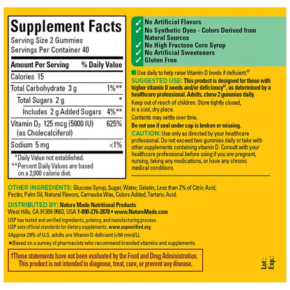 Nature Made Vitamin D3 5000 IE Extra Stärke Gummibärchen für Erwachsene – Knochen- und Immununterstützung, 80 Stück, 40 Tage Vorrat