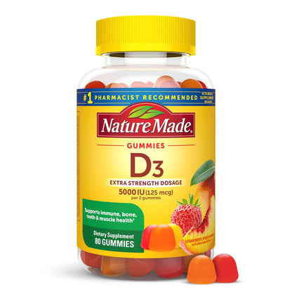 Nature Made Vitamin D3 5000 IE Extra Stärke Gummibärchen für Erwachsene – Knochen- und Immununterstützung, 80 Stück, 40 Tage Vorrat