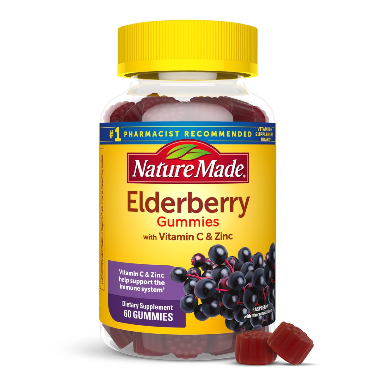 Nature Made Holunderbeeren Gummibärchen mit Vitamin C und Zink – Nahrungsergänzungsmittel für Immununterstützung, 60 Gummibärchen, 30-Tage-Versorgung