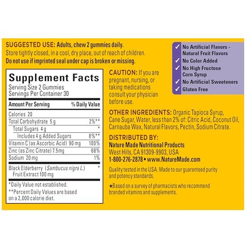 Nature Made Holunderbeeren Gummibärchen mit Vitamin C und Zink – Nahrungsergänzungsmittel für Immununterstützung, 60 Gummibärchen, 30-Tage-Versorgung