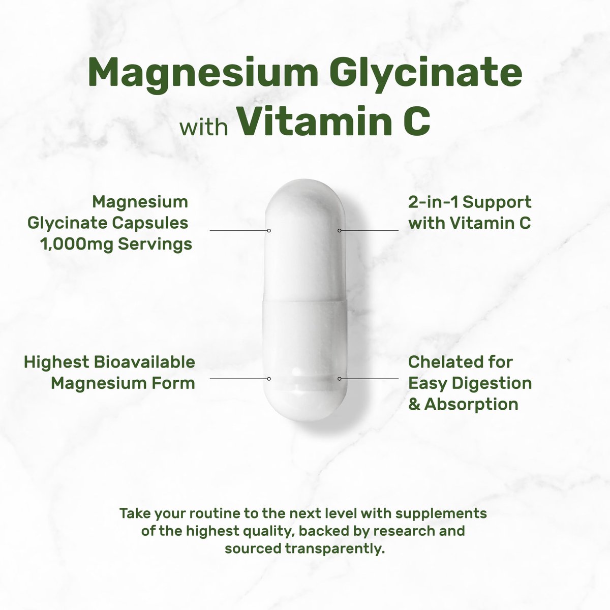 Magnesium Glycinat 500 mg pro Kapsel (1000 mg pro Portion) plus Vitamin C, 240 Kapseln – 100% cheliert für leichte Aufnahme – Essenzielles Mineralstoffpräparat