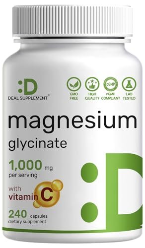 Magnesium Glycinat 500 mg pro Kapsel (1000 mg pro Portion) plus Vitamin C, 240 Kapseln – 100% cheliert für leichte Aufnahme – Essenzielles Mineralstoffpräparat