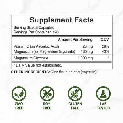 Magnesium Glycinat 500 mg pro Kapsel (1000 mg pro Portion) plus Vitamin C, 240 Kapseln – 100% cheliert für leichte Aufnahme – Essenzielles Mineralstoffpräparat