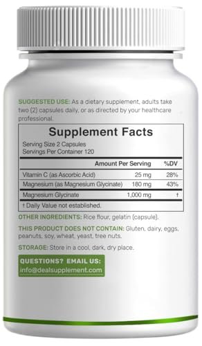 Magnesium Glycinat 500 mg pro Kapsel (1000 mg pro Portion) plus Vitamin C, 240 Kapseln – 100% cheliert für leichte Aufnahme – Essenzielles Mineralstoffpräparat