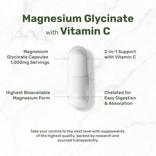 Magnesium Glycinat 500 mg pro Kapsel (1000 mg pro Portion) plus Vitamin C, 240 Kapseln – 100% cheliert für leichte Aufnahme – Essenzielles Mineralstoffpräparat