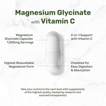 Magnesium Glycinat 500 mg pro Kapsel (1000 mg pro Portion) plus Vitamin C, 240 Kapseln – 100% cheliert für leichte Aufnahme – Essenzielles Mineralstoffpräparat