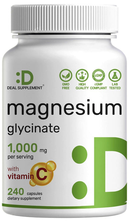 Magnesium Glycinat 500 mg pro Kapsel (1000 mg pro Portion) plus Vitamin C, 240 Kapseln – 100% cheliert für leichte Aufnahme – Essenzielles Mineralstoffpräparat