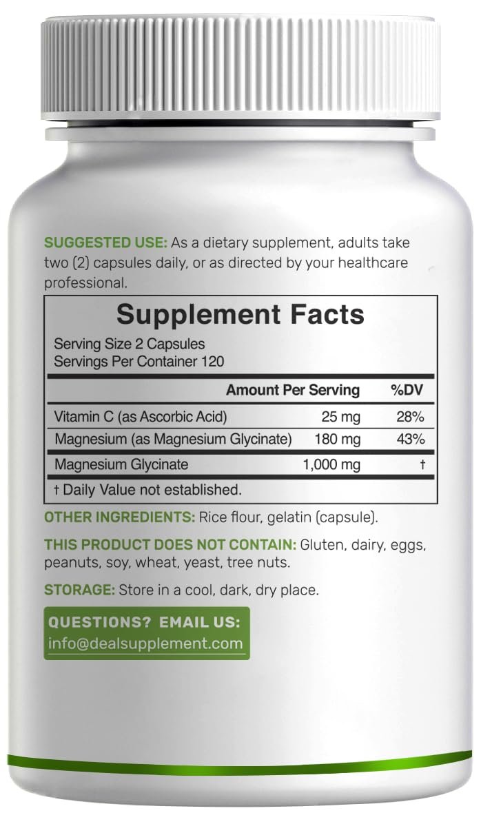 Magnesium Glycinat 500 mg pro Kapsel (1000 mg pro Portion) plus Vitamin C, 240 Kapseln – 100% cheliert für leichte Aufnahme – Essenzielles Mineralstoffpräparat