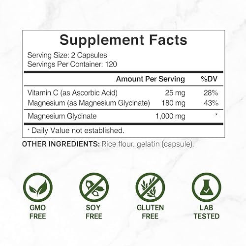 Magnesium Glycinat 500 mg pro Kapsel (1000 mg pro Portion) plus Vitamin C, 240 Kapseln – 100% cheliert für leichte Aufnahme – Essenzielles Mineralstoffpräparat