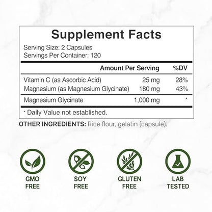 Magnesium Glycinat 500 mg pro Kapsel (1000 mg pro Portion) plus Vitamin C, 240 Kapseln – 100% cheliert für leichte Aufnahme – Essenzielles Mineralstoffpräparat