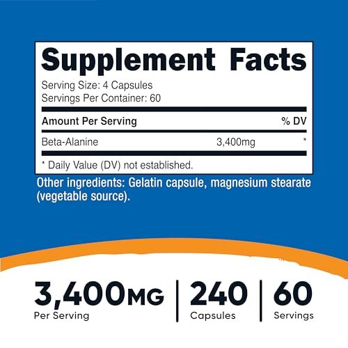 Nutricost Beta-Alanin Kapseln 3400mg, 240 Kapseln (60 Portionen) - Starkes Beta-Alanin, Glutenfrei & Non-GMO, 850mg pro Kapsel