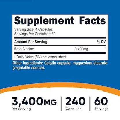 Nutricost Beta-Alanin Kapseln 3400mg, 240 Kapseln (60 Portionen) - Starkes Beta-Alanin, Glutenfrei & Non-GMO, 850mg pro Kapsel