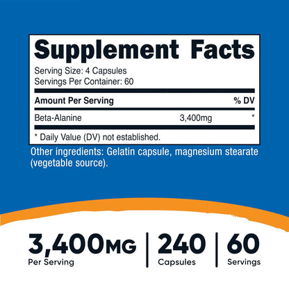 Nutricost Beta-Alanin Kapseln 3400mg, 240 Kapseln (60 Portionen) - Starkes Beta-Alanin, Glutenfrei & Non-GMO, 850mg pro Kapsel