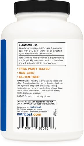 Nutricost Beta-Alanin Kapseln 3400mg, 240 Kapseln (60 Portionen) - Starkes Beta-Alanin, Glutenfrei & Non-GMO, 850mg pro Kapsel