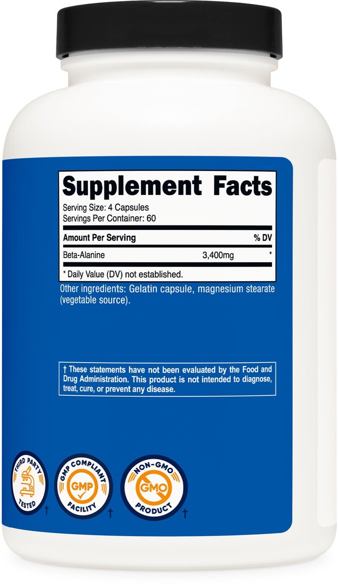 Nutricost Beta-Alanin Kapseln 3400mg, 240 Kapseln (60 Portionen) - Starkes Beta-Alanin, Glutenfrei & Non-GMO, 850mg pro Kapsel
