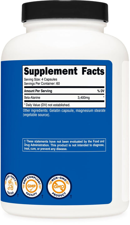Nutricost Beta-Alanin Kapseln 3400mg, 240 Kapseln (60 Portionen) - Starkes Beta-Alanin, Glutenfrei & Non-GMO, 850mg pro Kapsel