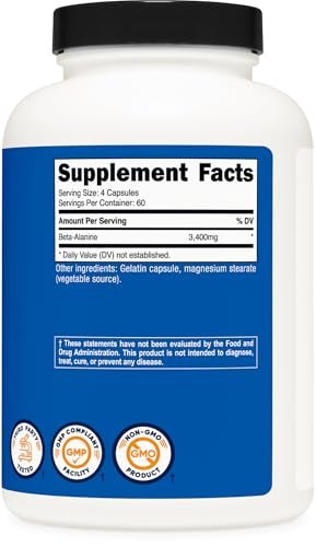 Nutricost Beta-Alanin Kapseln 3400mg, 240 Kapseln (60 Portionen) - Starkes Beta-Alanin, Glutenfrei & Non-GMO, 850mg pro Kapsel