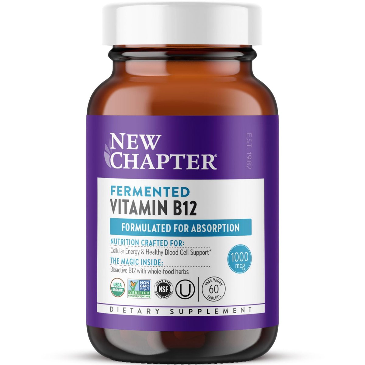 New Chapter Fermentiertes Vitamin B12 1.000 mcg, USDA Organic, Täglich für Zellenergie + Gesunde Blutzellen, Zertifiziert Vegan, Glutenfrei - 60 Kapseln