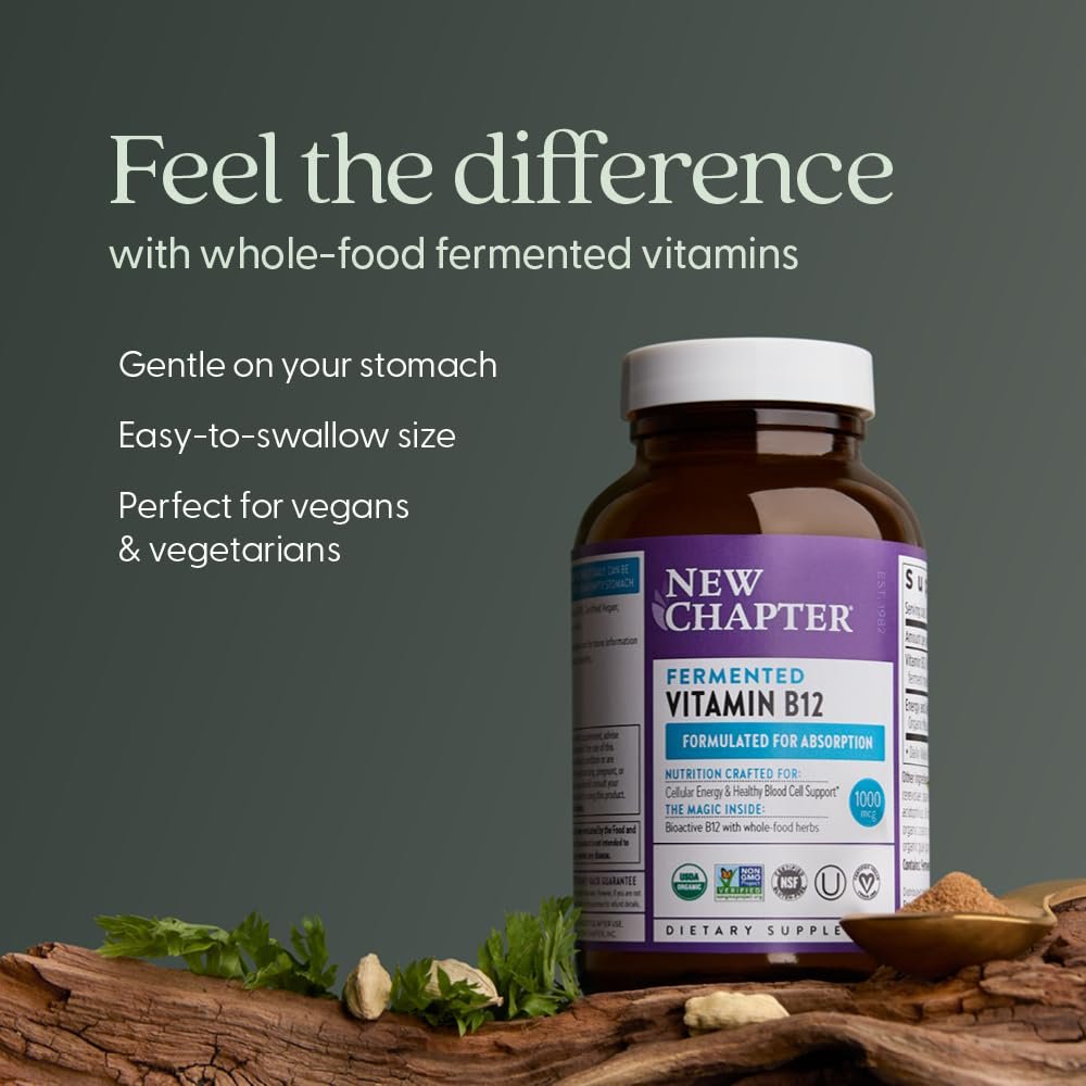 New Chapter Fermentiertes Vitamin B12 1.000 mcg, USDA Organic, Täglich für Zellenergie + Gesunde Blutzellen, Zertifiziert Vegan, Glutenfrei - 60 Kapseln