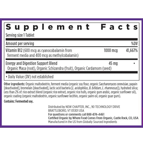 New Chapter Fermentiertes Vitamin B12 1.000 mcg, USDA Organic, Täglich für Zellenergie + Gesunde Blutzellen, Zertifiziert Vegan, Glutenfrei - 60 Kapseln