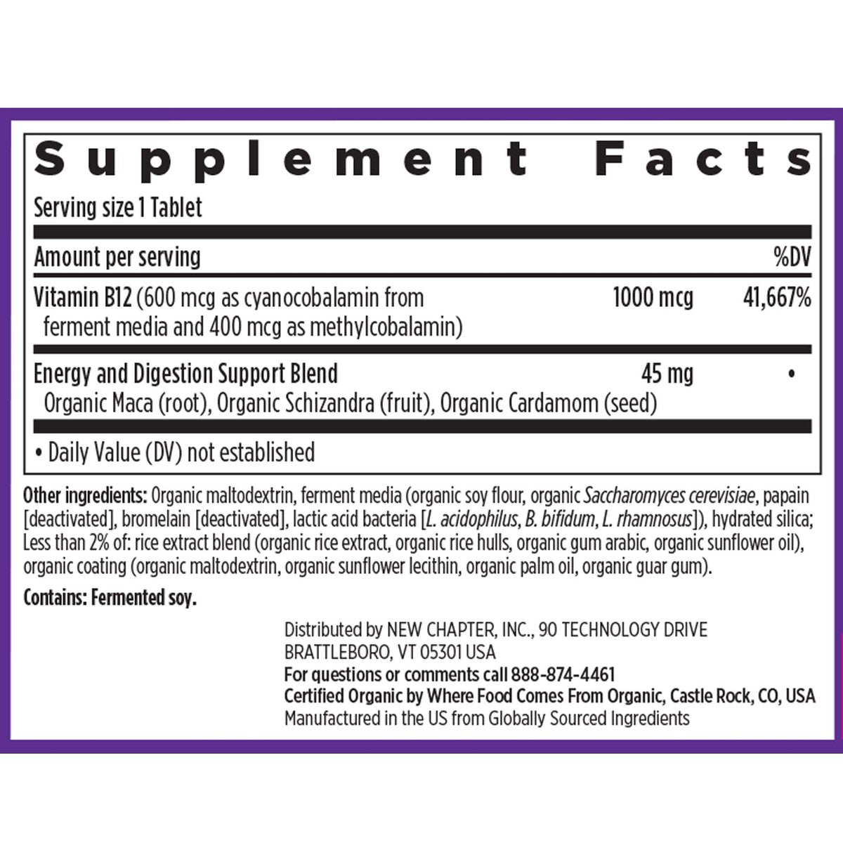 New Chapter Fermentiertes Vitamin B12 1.000 mcg, USDA Organic, Täglich für Zellenergie + Gesunde Blutzellen, Zertifiziert Vegan, Glutenfrei - 60 Kapseln