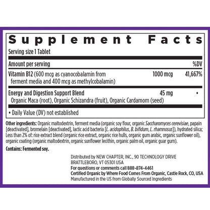 New Chapter Fermentiertes Vitamin B12 1.000 mcg, USDA Organic, Täglich für Zellenergie + Gesunde Blutzellen, Zertifiziert Vegan, Glutenfrei - 60 Kapseln