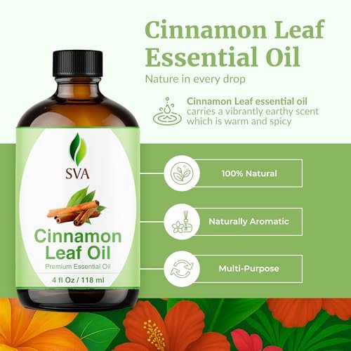 SVA Cinnamon Leaf Bio-Öl – 118 ml – 100% reines natürliches Zimtöl für Diffuser, Haarpflege, Gesicht, Hautpflege, Aromatherapie, Kopfhaut- und Körpermassage, Seifen- und Kerzenherstellung – mit Pipette