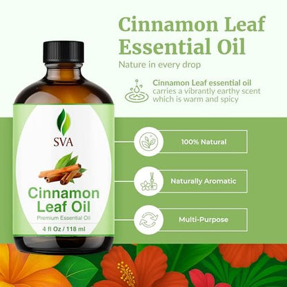 SVA Cinnamon Leaf Bio-Öl – 118 ml – 100% reines natürliches Zimtöl für Diffuser, Haarpflege, Gesicht, Hautpflege, Aromatherapie, Kopfhaut- und Körpermassage, Seifen- und Kerzenherstellung – mit Pipette