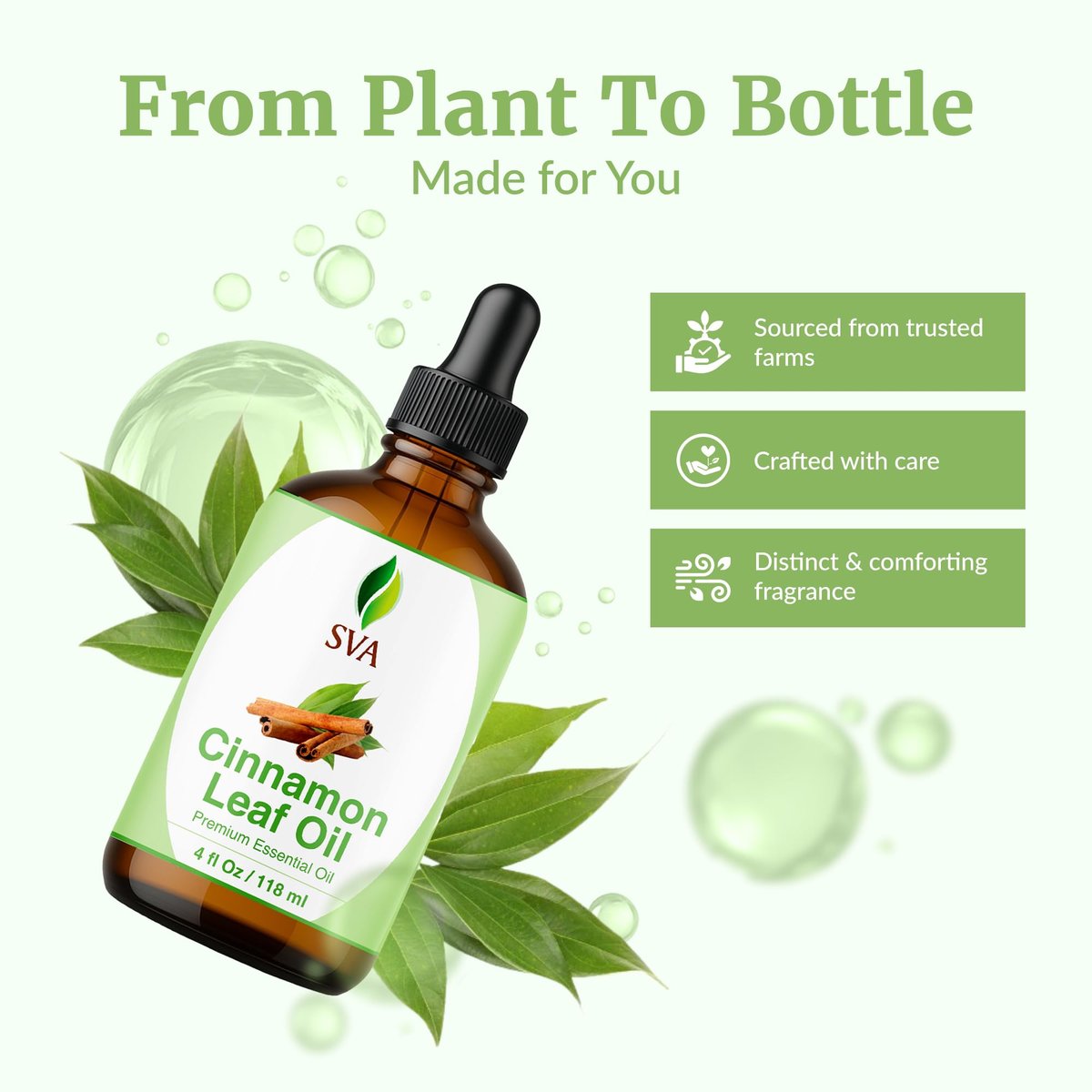 SVA Cinnamon Leaf Bio-Öl – 118 ml – 100% reines natürliches Zimtöl für Diffuser, Haarpflege, Gesicht, Hautpflege, Aromatherapie, Kopfhaut- und Körpermassage, Seifen- und Kerzenherstellung – mit Pipette