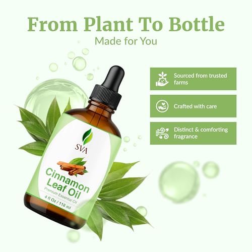 SVA Cinnamon Leaf Bio-Öl – 118 ml – 100% reines natürliches Zimtöl für Diffuser, Haarpflege, Gesicht, Hautpflege, Aromatherapie, Kopfhaut- und Körpermassage, Seifen- und Kerzenherstellung – mit Pipette