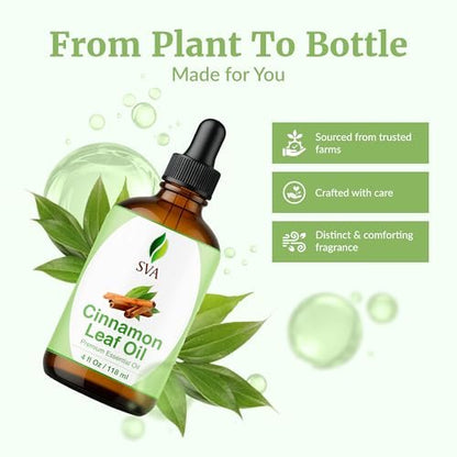 SVA Cinnamon Leaf Bio-Öl – 118 ml – 100% reines natürliches Zimtöl für Diffuser, Haarpflege, Gesicht, Hautpflege, Aromatherapie, Kopfhaut- und Körpermassage, Seifen- und Kerzenherstellung – mit Pipette