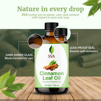 SVA Cinnamon Leaf Bio-Öl – 118 ml – 100% reines natürliches Zimtöl für Diffuser, Haarpflege, Gesicht, Hautpflege, Aromatherapie, Kopfhaut- und Körpermassage, Seifen- und Kerzenherstellung – mit Pipette