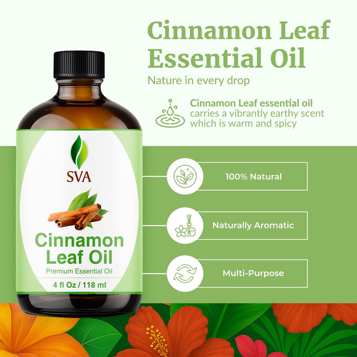SVA Cinnamon Leaf Bio-Öl – 118 ml – 100% reines natürliches Zimtöl für Diffuser, Haarpflege, Gesicht, Hautpflege, Aromatherapie, Kopfhaut- und Körpermassage, Seifen- und Kerzenherstellung – mit Pipette