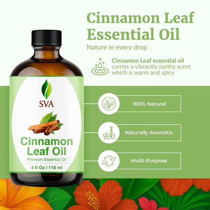 SVA Cinnamon Leaf Bio-Öl – 118 ml – 100% reines natürliches Zimtöl für Diffuser, Haarpflege, Gesicht, Hautpflege, Aromatherapie, Kopfhaut- und Körpermassage, Seifen- und Kerzenherstellung – mit Pipette