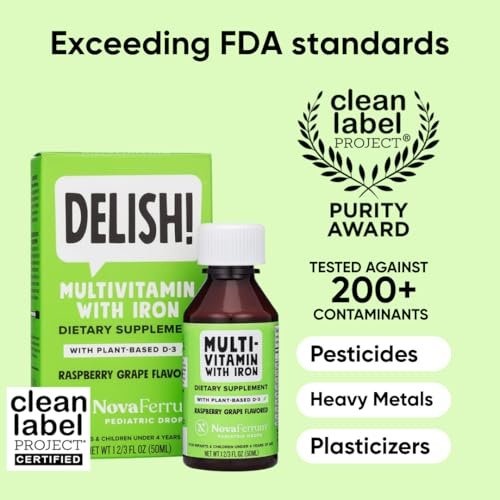 NovaFerrum Delish | Veganes Multivitamin mit Eisen für Babys, Kleinkinder & Kinder | Immununterstützung | Bio-pflanzliches D-3 | Glutenfrei | Vegan zertifiziert | Zuckerfrei | 1,69 Fl Oz (50 ml)