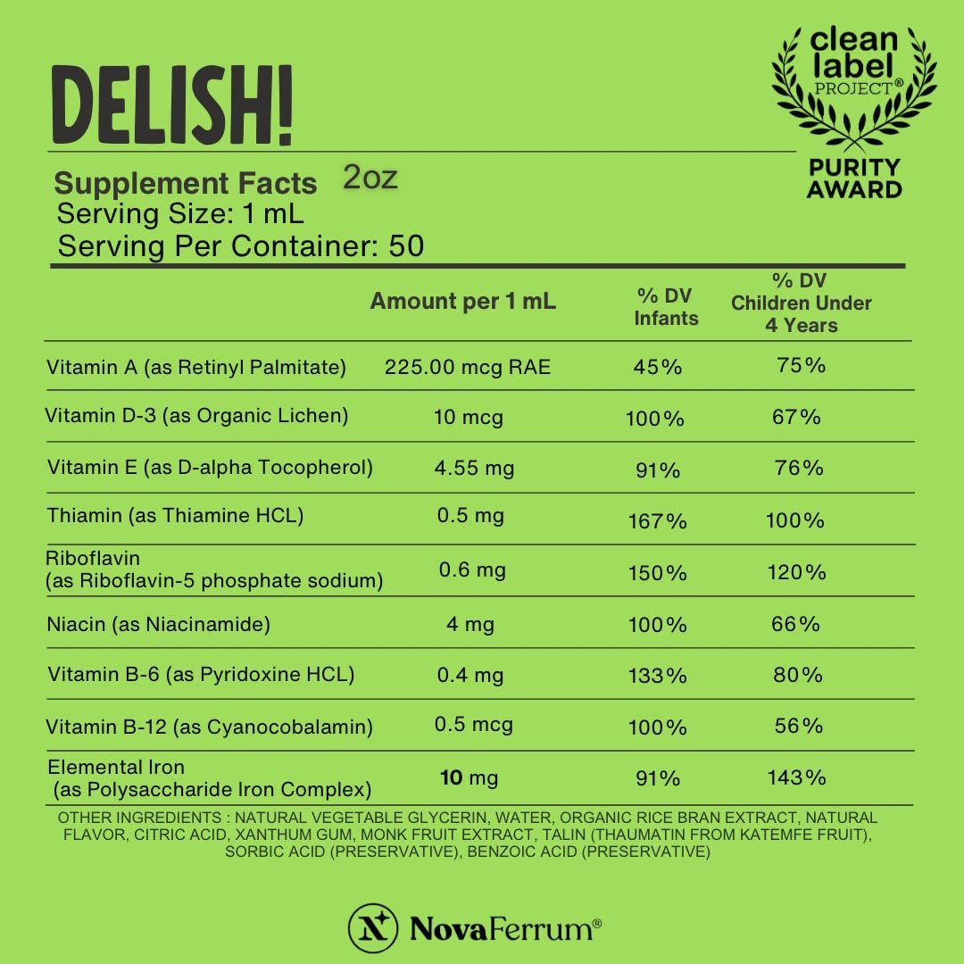 NovaFerrum Delish | Veganes Multivitamin mit Eisen für Babys, Kleinkinder & Kinder | Immununterstützung | Bio-pflanzliches D-3 | Glutenfrei | Vegan zertifiziert | Zuckerfrei | 1,69 Fl Oz (50 ml)