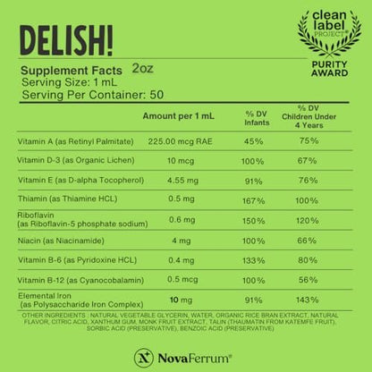 NovaFerrum Delish | Veganes Multivitamin mit Eisen für Babys, Kleinkinder & Kinder | Immununterstützung | Bio-pflanzliches D-3 | Glutenfrei | Vegan zertifiziert | Zuckerfrei | 1,69 Fl Oz (50 ml)